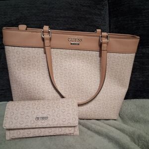 GUESS Beige and Light Brown Tote Bag with Wallet